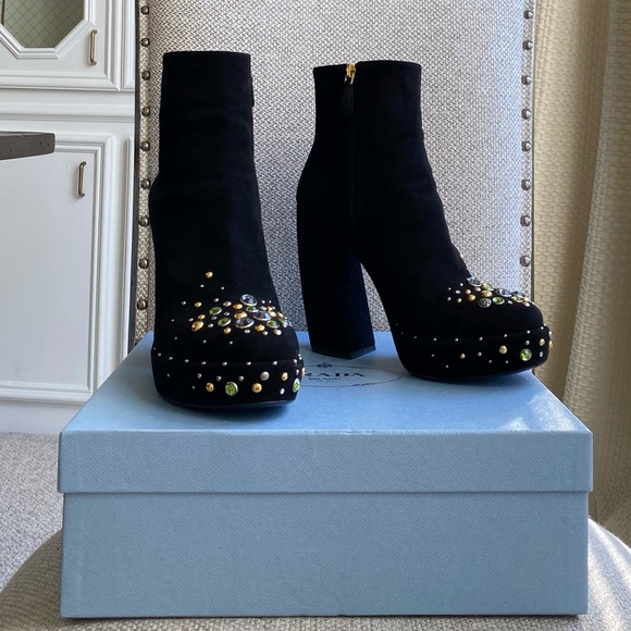 Worn x1 Prada Suede Crystal Embellishments Boots - Picture 5 of 12